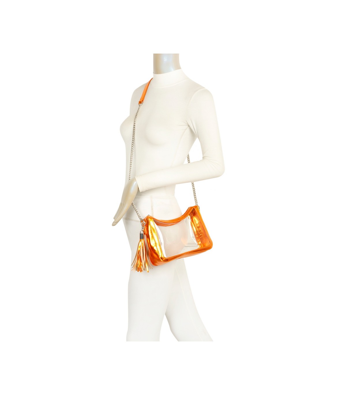 T11833 - Bolso transparente con bandolera de cadena borla a juego