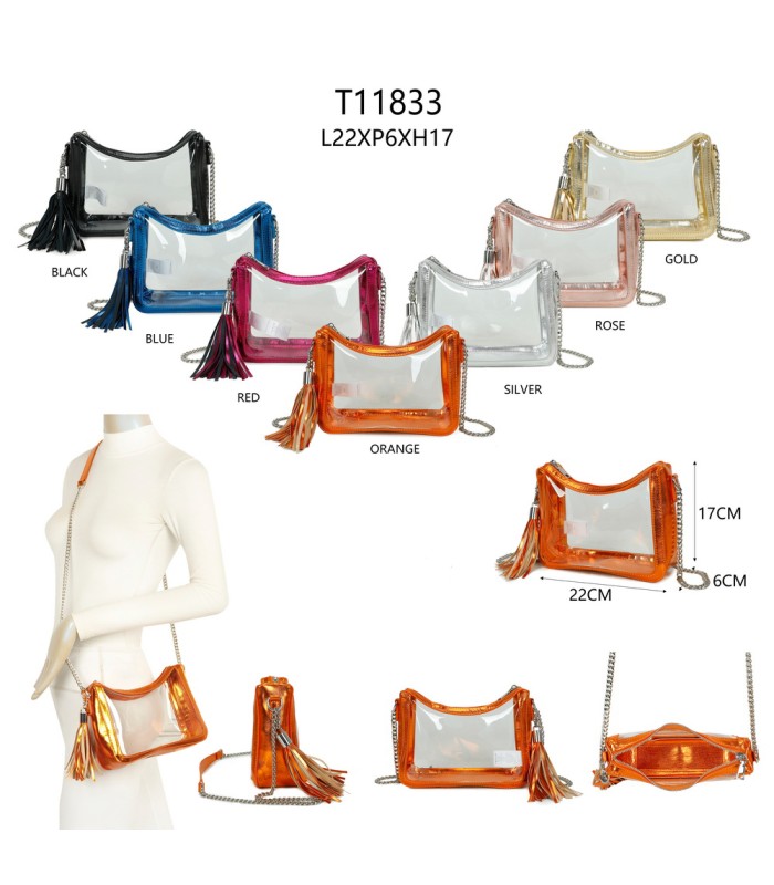 T11833 - Bolso transparente con bandolera de cadena borla a juego
