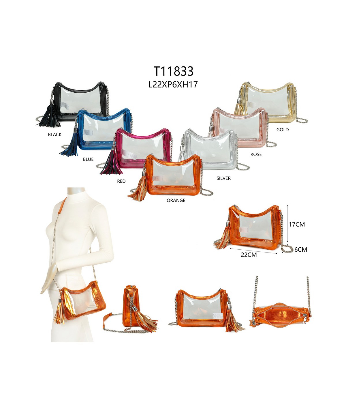 T11833 - Bolso transparente con bandolera de cadena borla a juego