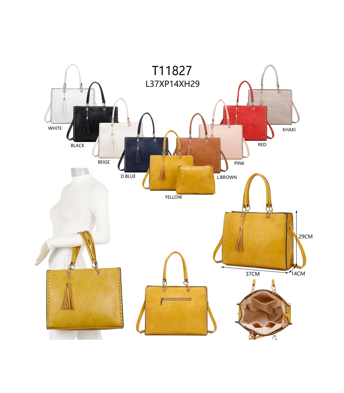 T11827 - Bolso con neceser rectangular y decoraciones de tachuelas