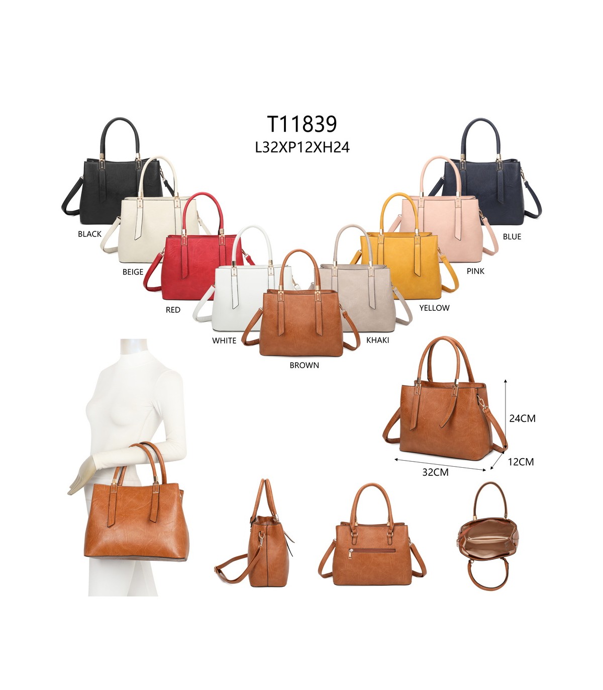 T11839 - Bolso texturizado con grandes asas y bandolera múltiples colores