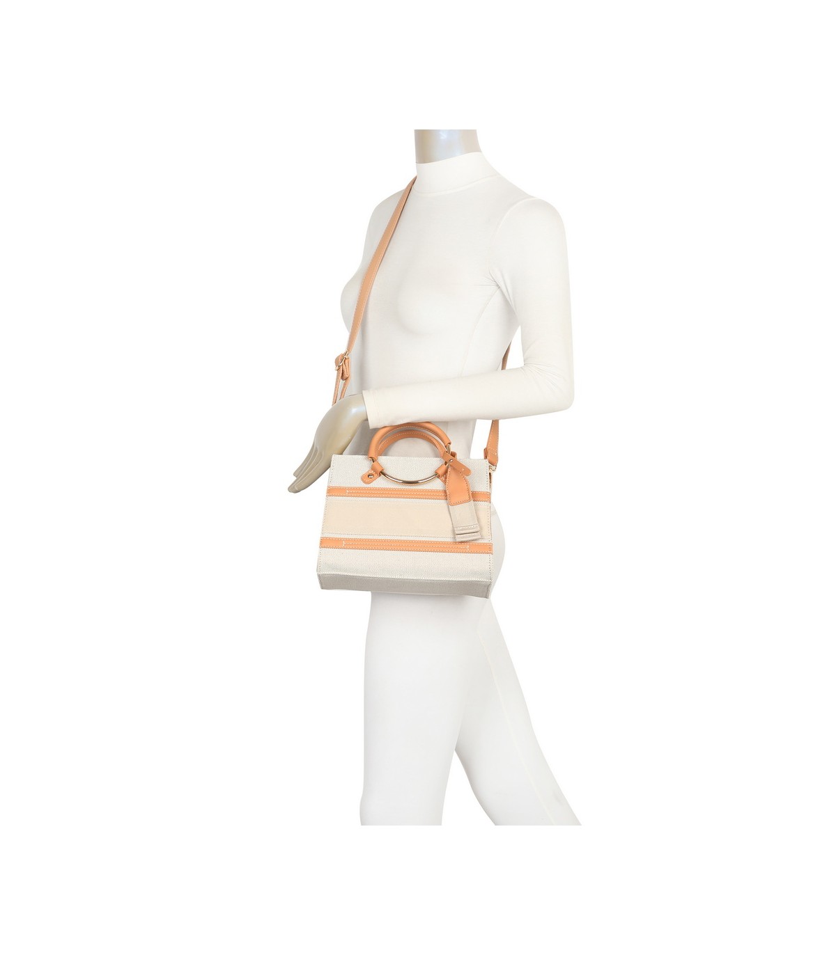 T11834 - Bolso de asas redondas con bandolera y líneas horizontales de color