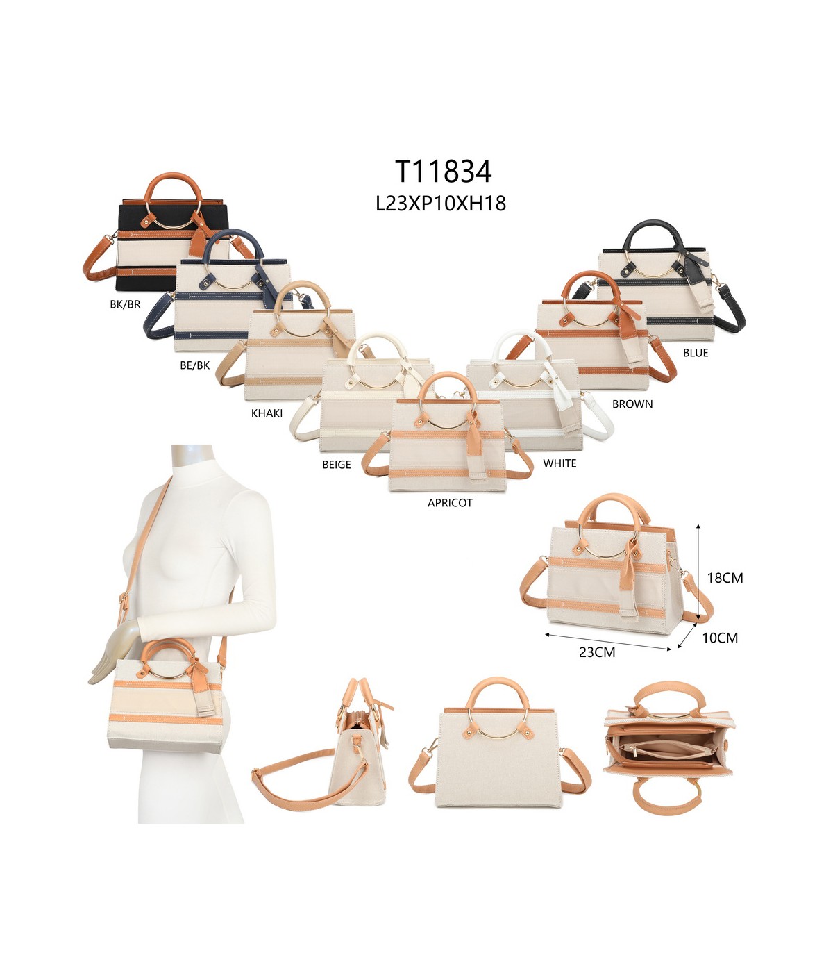 T11834 - Bolso de asas redondas con bandolera y líneas horizontales de color