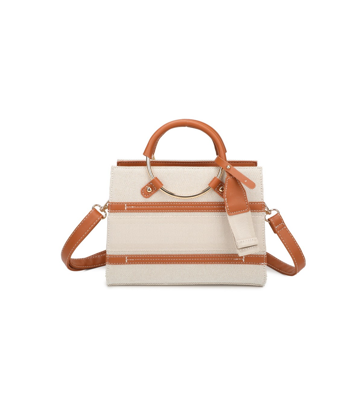 T11834 - Bolso de asas redondas con bandolera y líneas horizontales de color