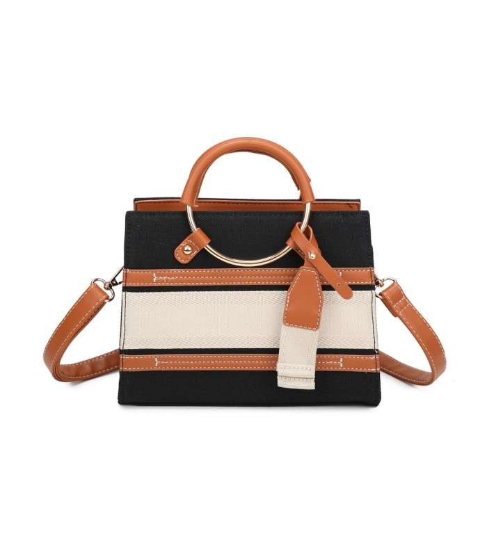 T11834 - Bolso de asas redondas con bandolera y líneas horizontales de color