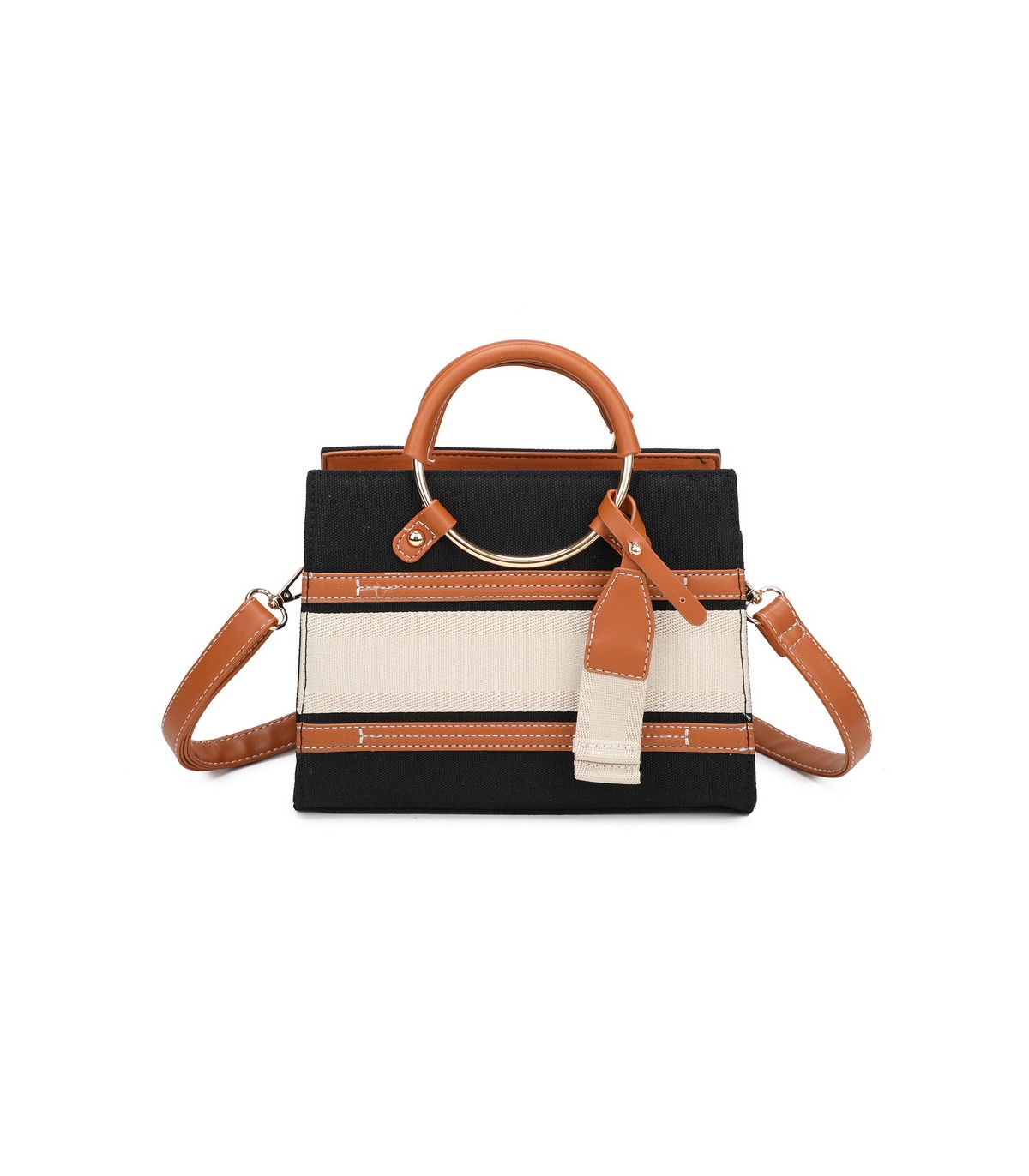 T11834 - Bolso de asas redondas con bandolera y líneas horizontales de color