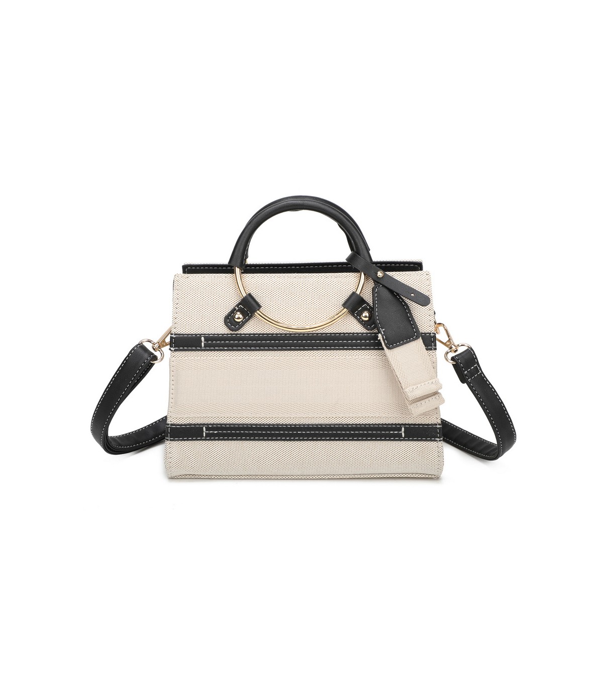 T11834 - Bolso de asas redondas con bandolera y líneas horizontales de color