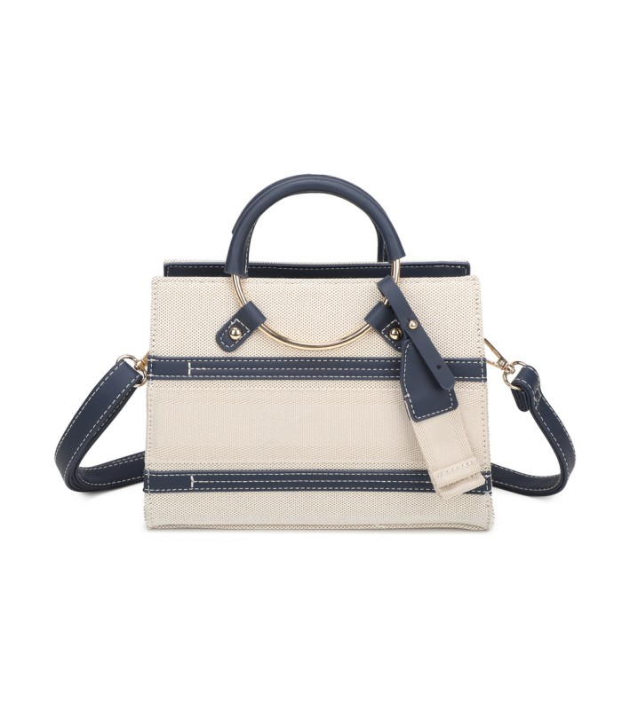 T11834 - Bolso de asas redondas con bandolera y líneas horizontales de color