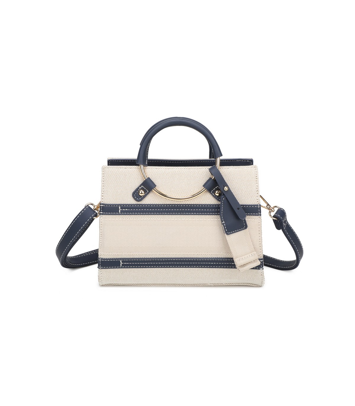 T11834 - Bolso de asas redondas con bandolera y líneas horizontales de color