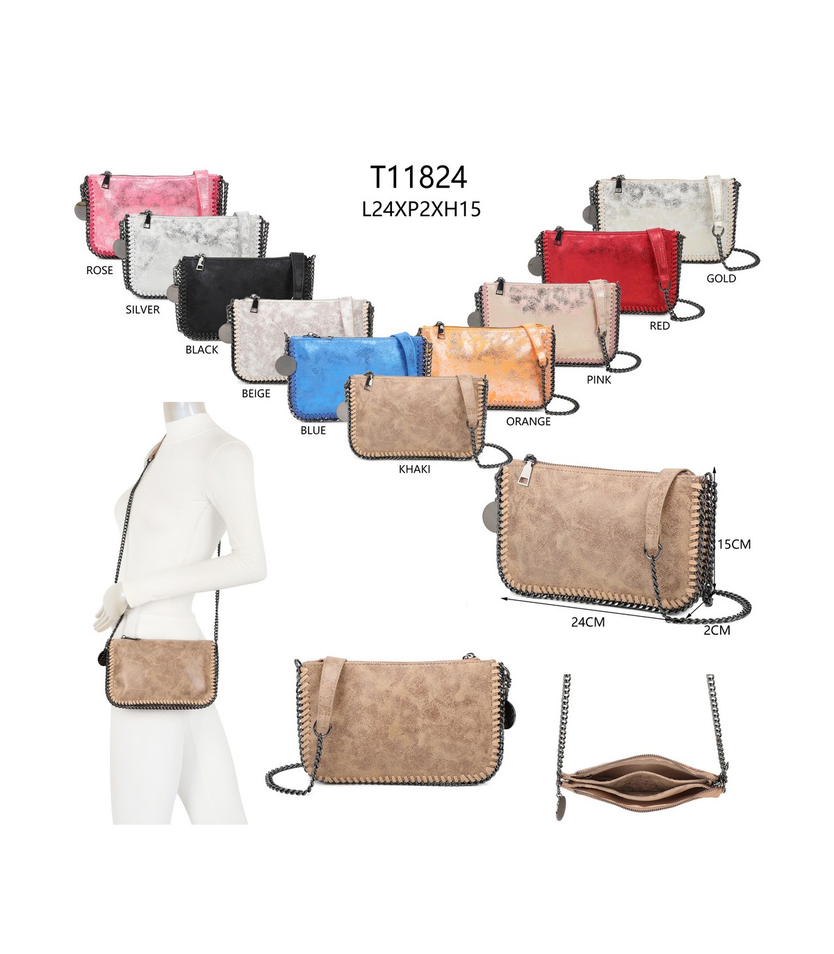 T11824 - Bolso de metalizado para fiesta con bandolera de cadena