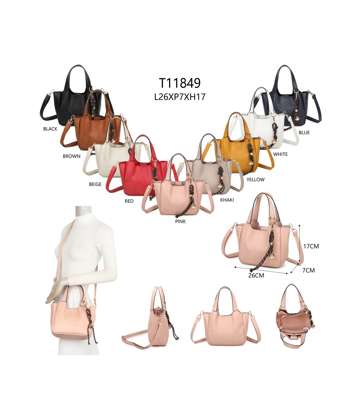 T11849 - Bolso bandolera con diseño de asa grande y adorno de bola dorada