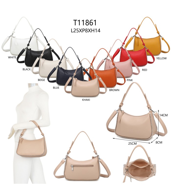T11861 - Bolso bandolera con asa para llevarlo en la mano decoraciones de cuentas