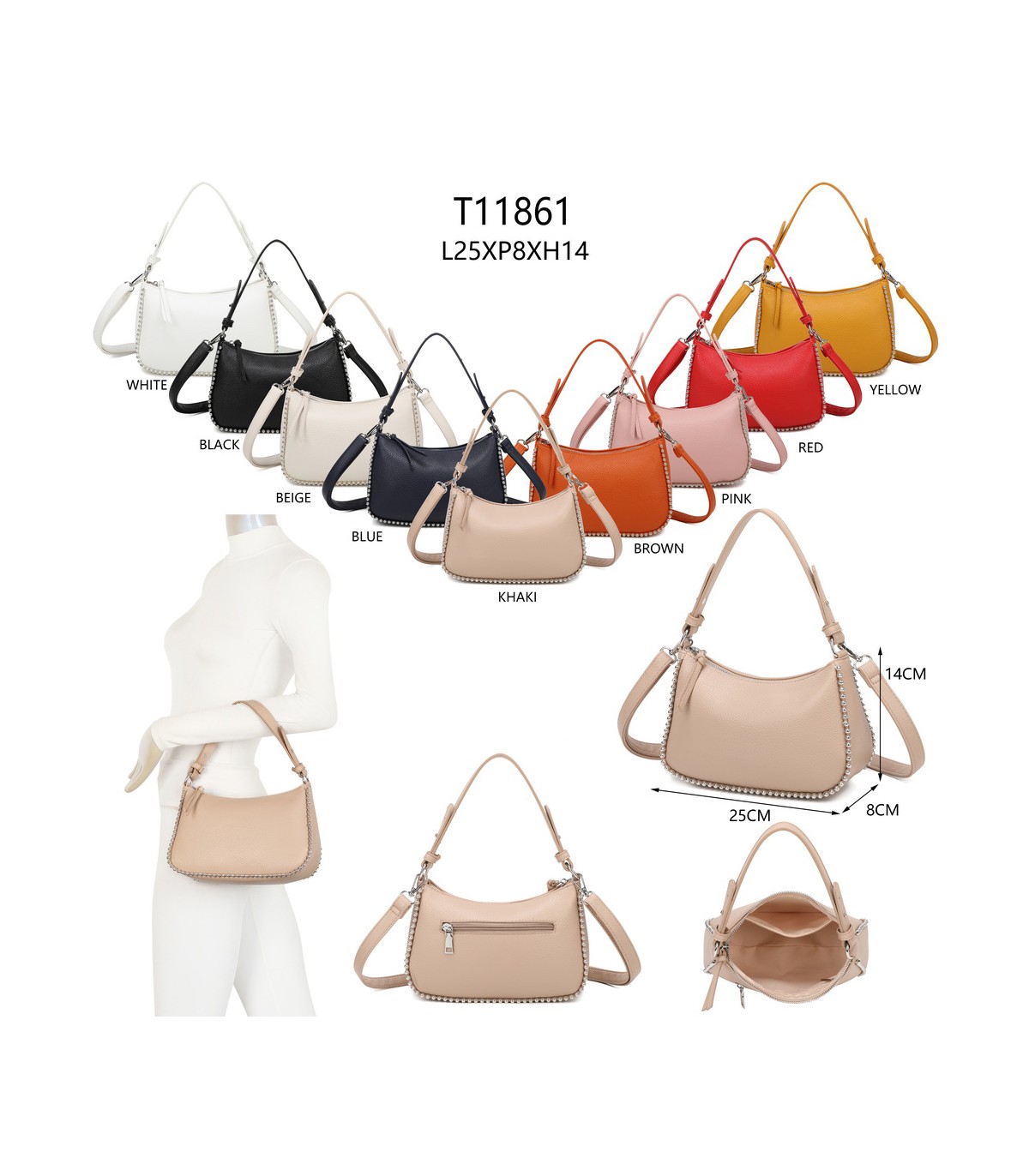 T11861 - Bolso bandolera con asa para llevarlo en la mano decoraciones de cuentas