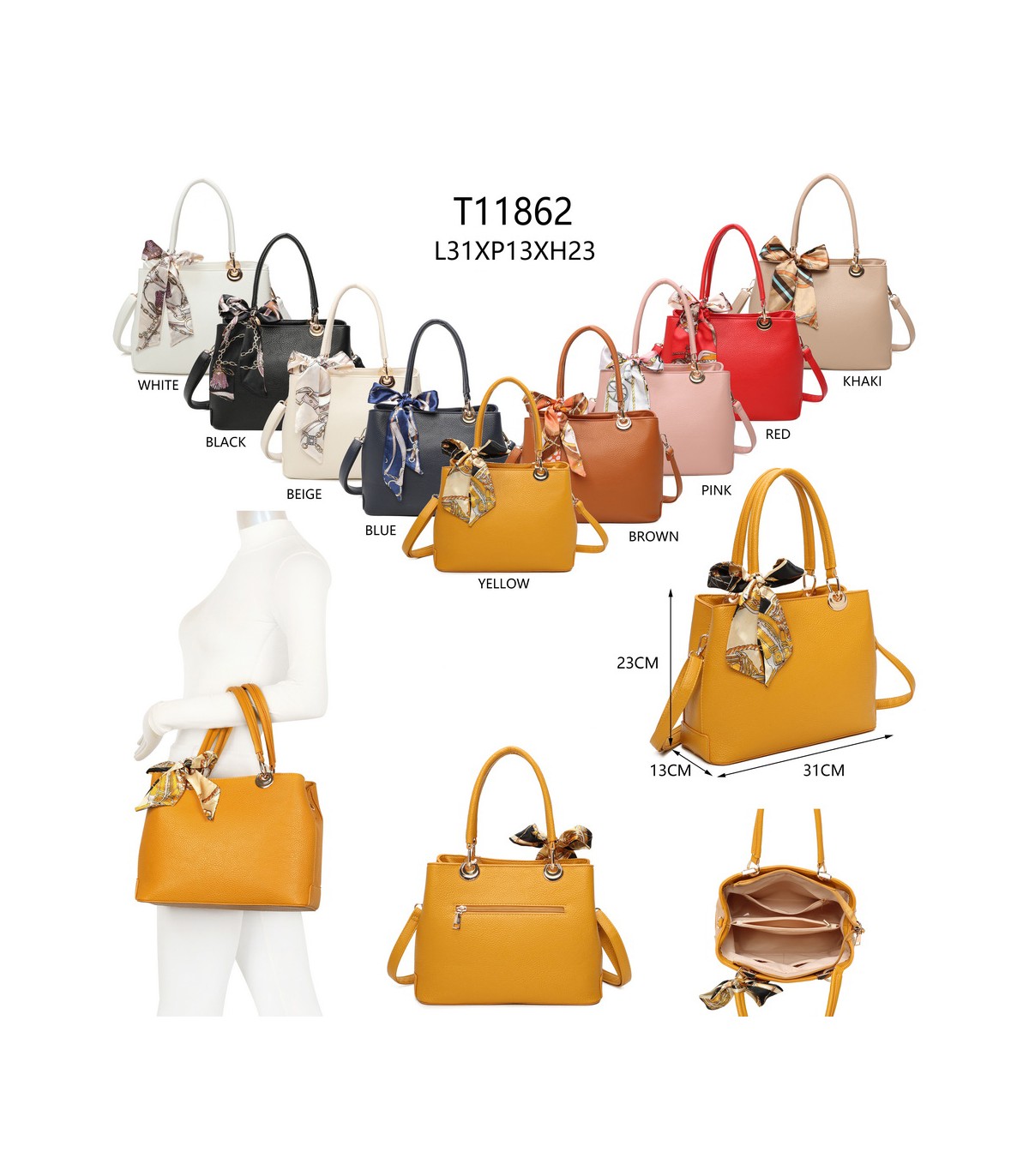 T11862 - Bolso con bandolera y pañuelo de decoración con bolsillo trasero exterior