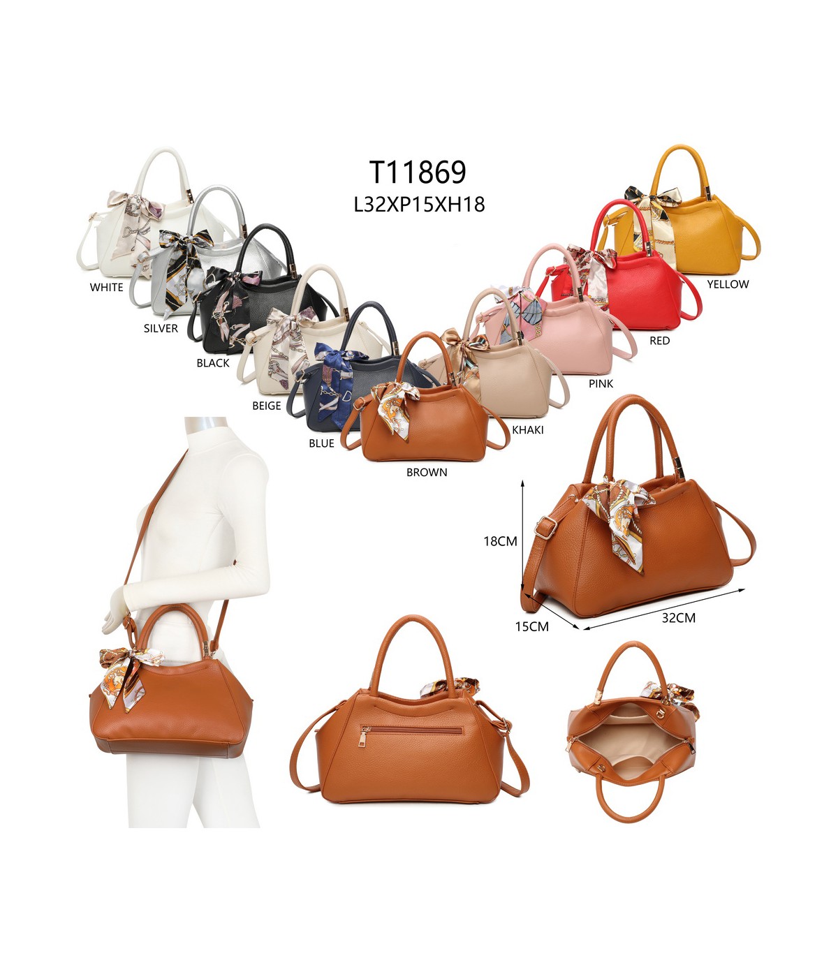 T11869 - Bolso con bolsillo externo trasero y bandolera tiene un pañuelo de colores
