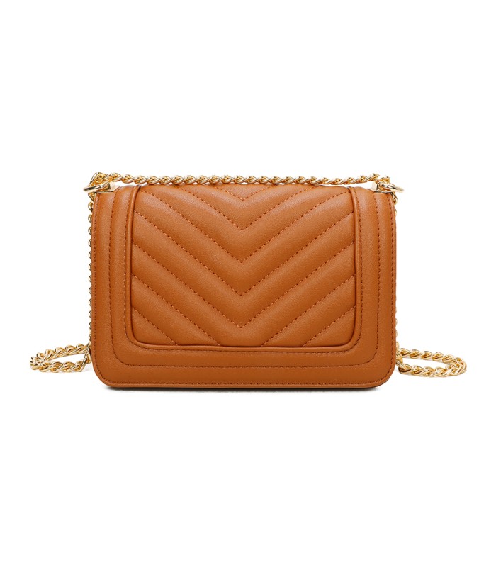 T11838 - Bolso rectangular con textura y cierre de botón imantado con bandolera larga y de cadena dorada