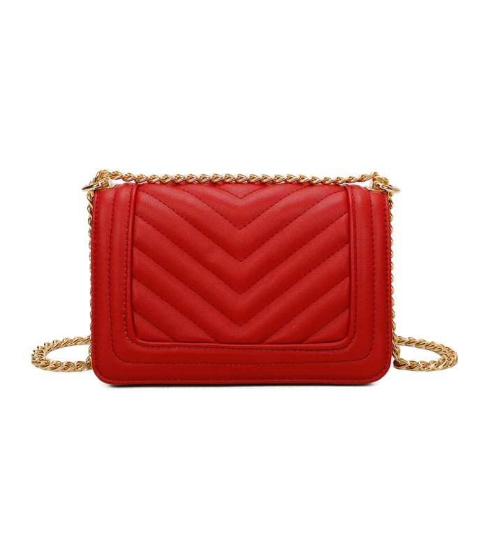 T11838 - Bolso rectangular con textura y cierre de botón imantado con bandolera larga y de cadena dorada