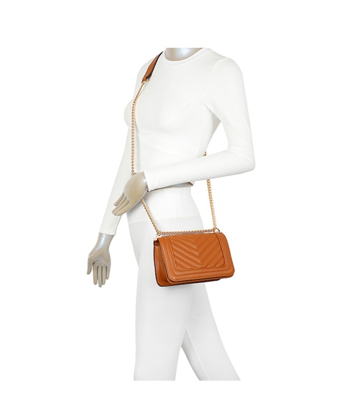 T11838 - Bolso rectangular con textura y cierre de botón imantado con bandolera larga y de cadena dorada