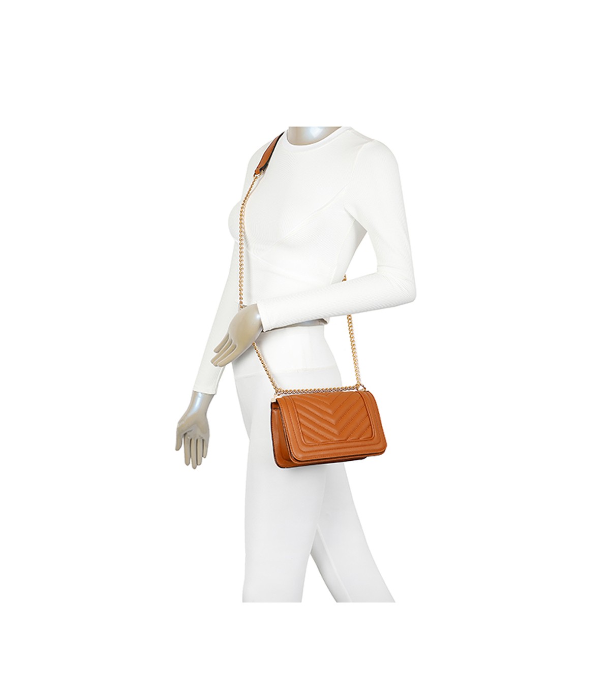 T11838 - Bolso rectangular con textura y cierre de botón imantado con bandolera larga y de cadena dorada