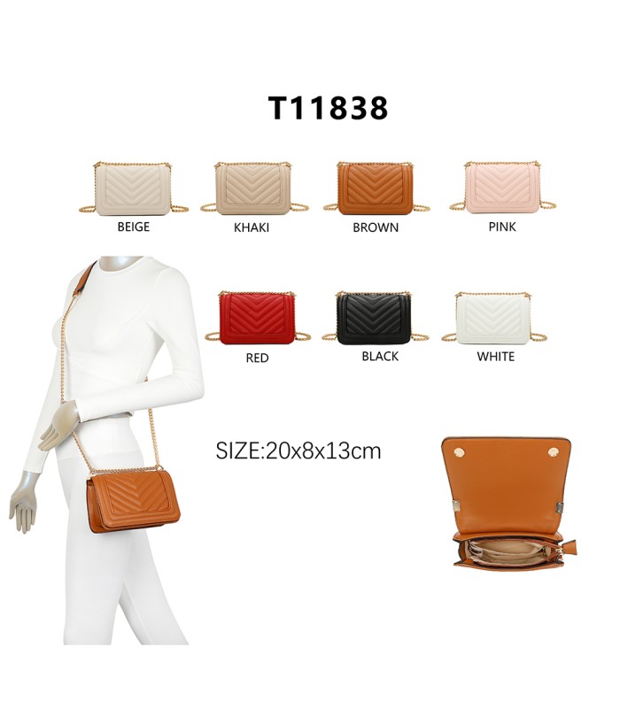 T11838 - Bolso rectangular con textura y cierre de botón imantado con bandolera larga y de cadena dorada