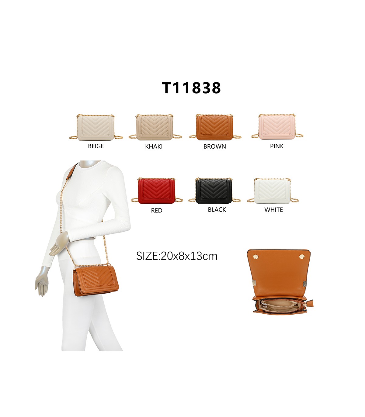 T11838 - Bolso rectangular con textura y cierre de botón imantado con bandolera larga y de cadena dorada