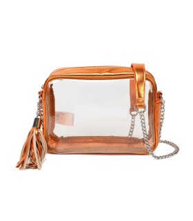 T11830 - Bolso transparente con borla de color y bandolera de cadena