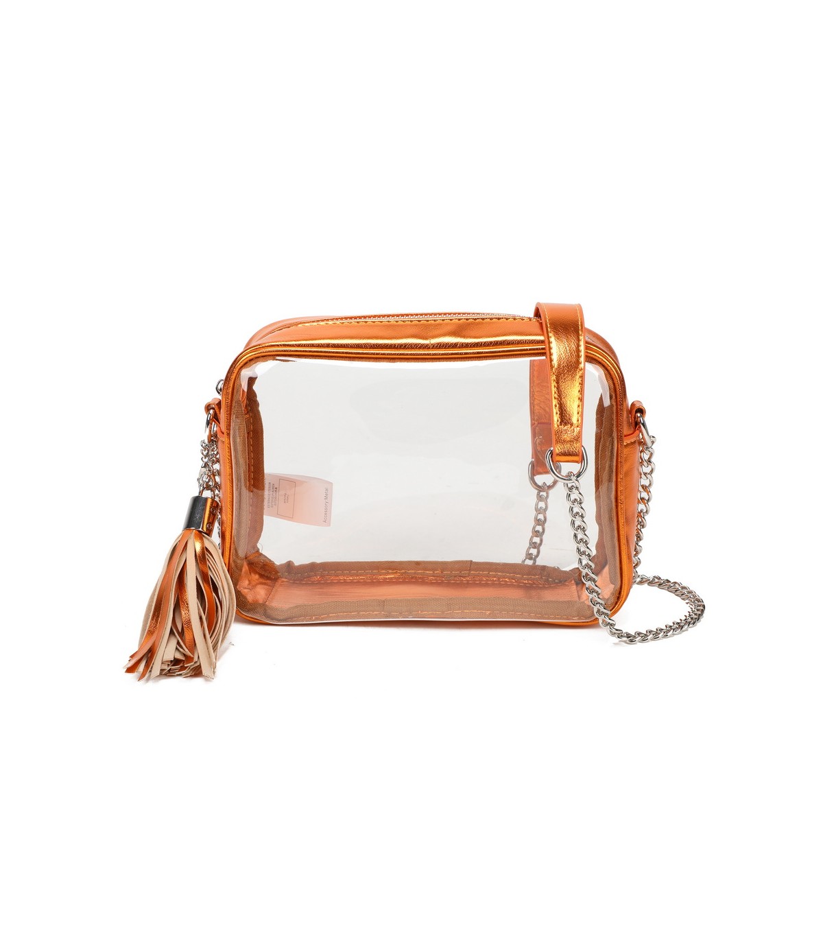 T11830 - Bolso transparente con borla de color y bandolera de cadena