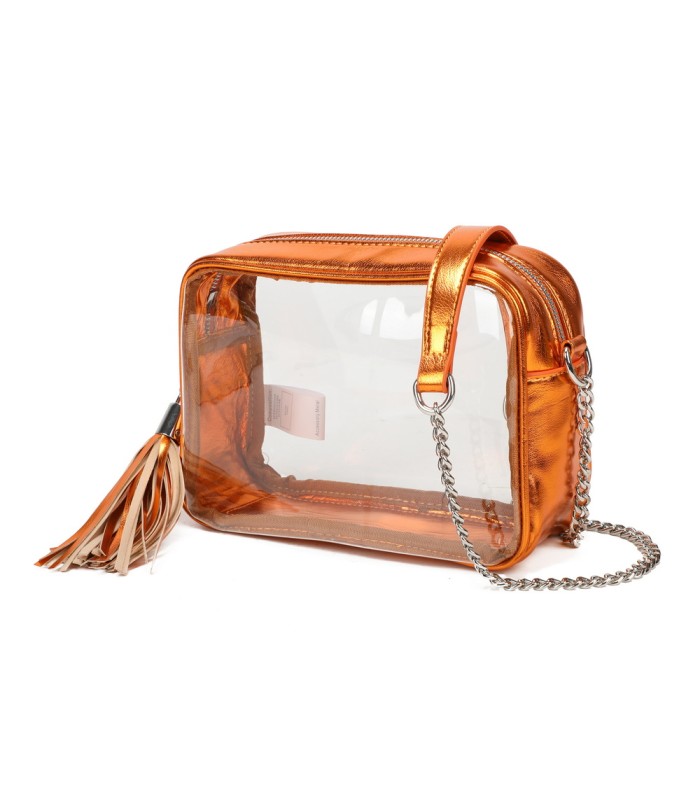 T11830 - Bolso transparente con borla de color y bandolera de cadena