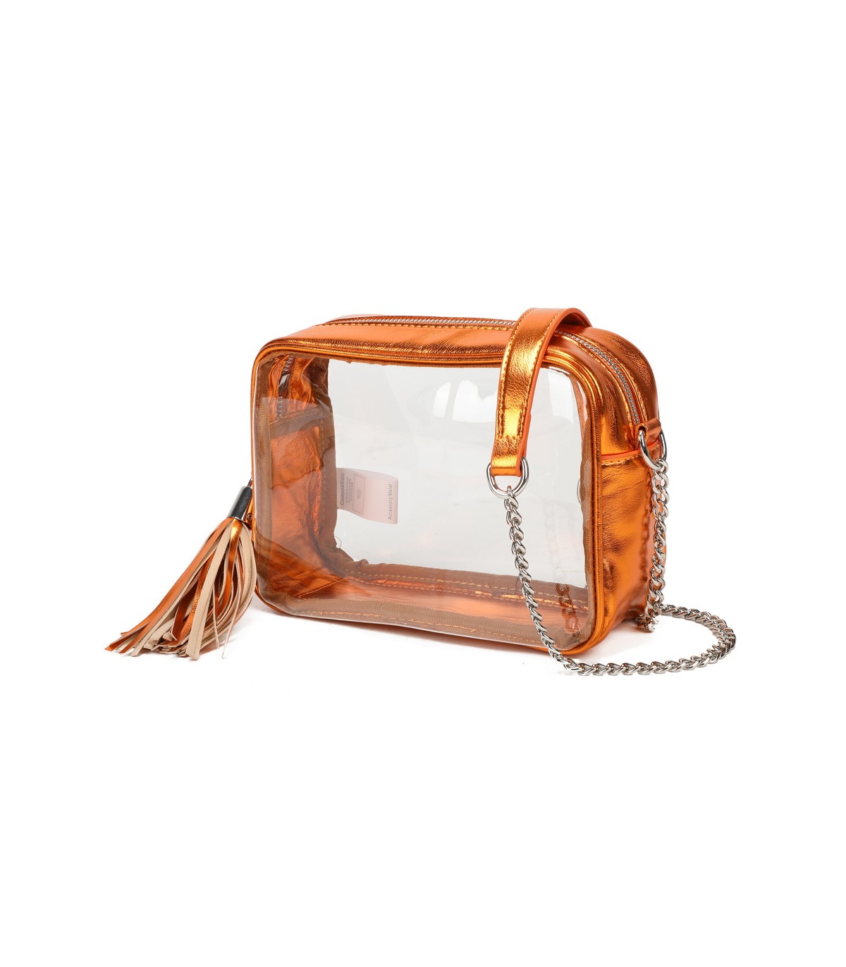 T11830 - Bolso transparente con borla de color y bandolera de cadena