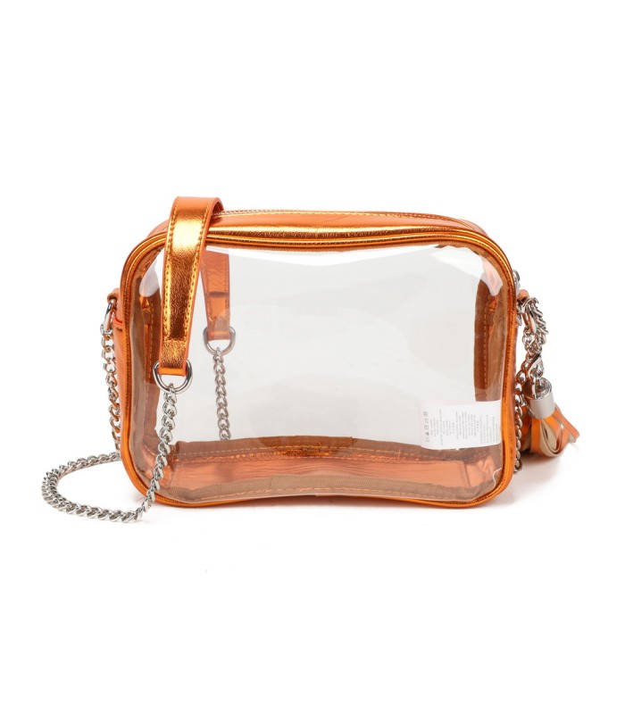T11830 - Bolso transparente con borla de color y bandolera de cadena