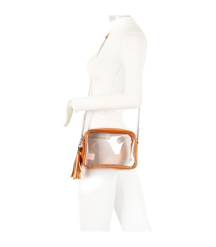 T11830 - Bolso transparente con borla de color y bandolera de cadena