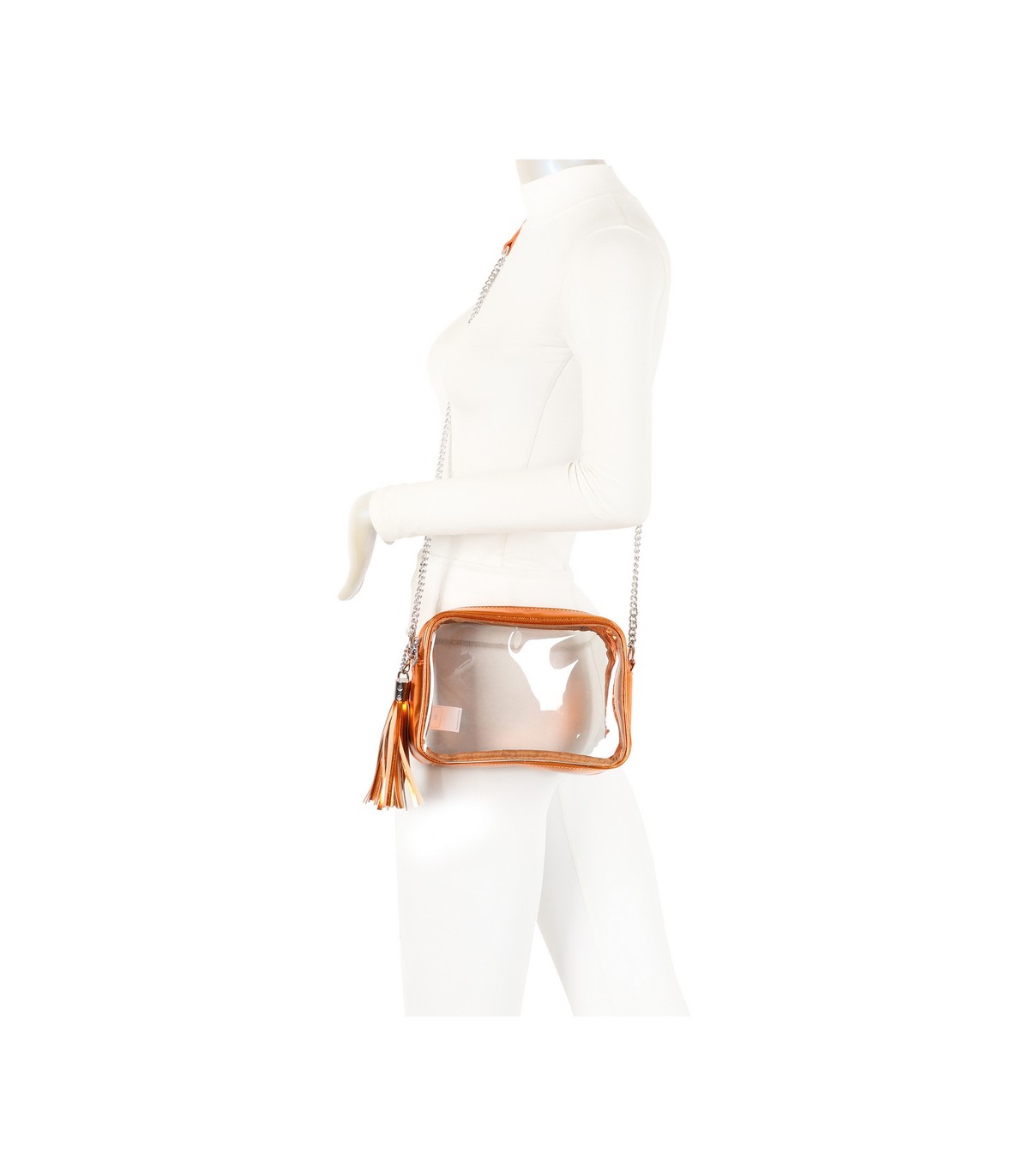 T11830 - Bolso transparente con borla de color y bandolera de cadena