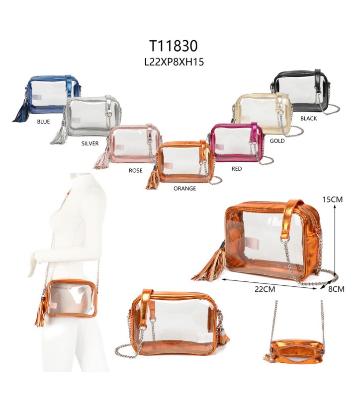 T11830 - Bolso transparente con borla de color y bandolera de cadena