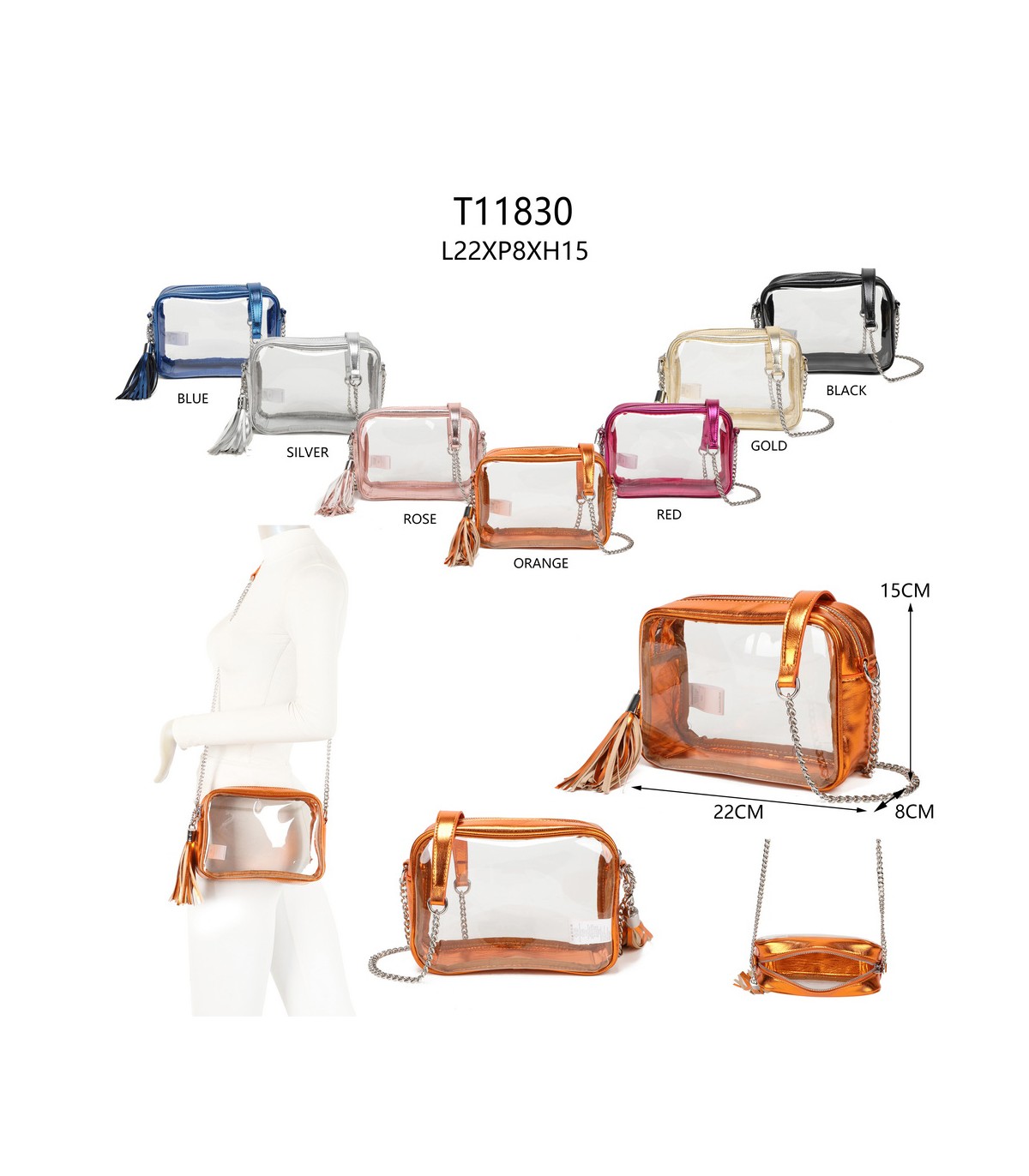 T11830 - Bolso transparente con borla de color y bandolera de cadena