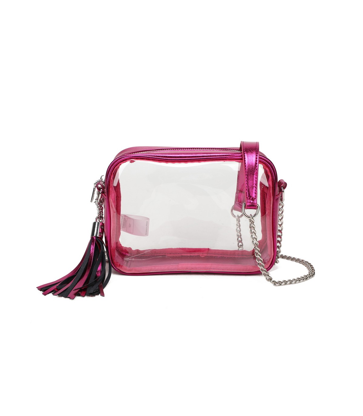 T11830 - Bolso transparente con borla de color y bandolera de cadena