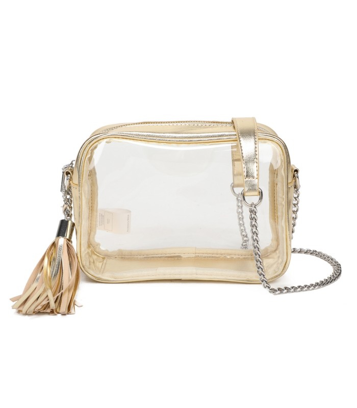 T11830 - Bolso transparente con borla de color y bandolera de cadena