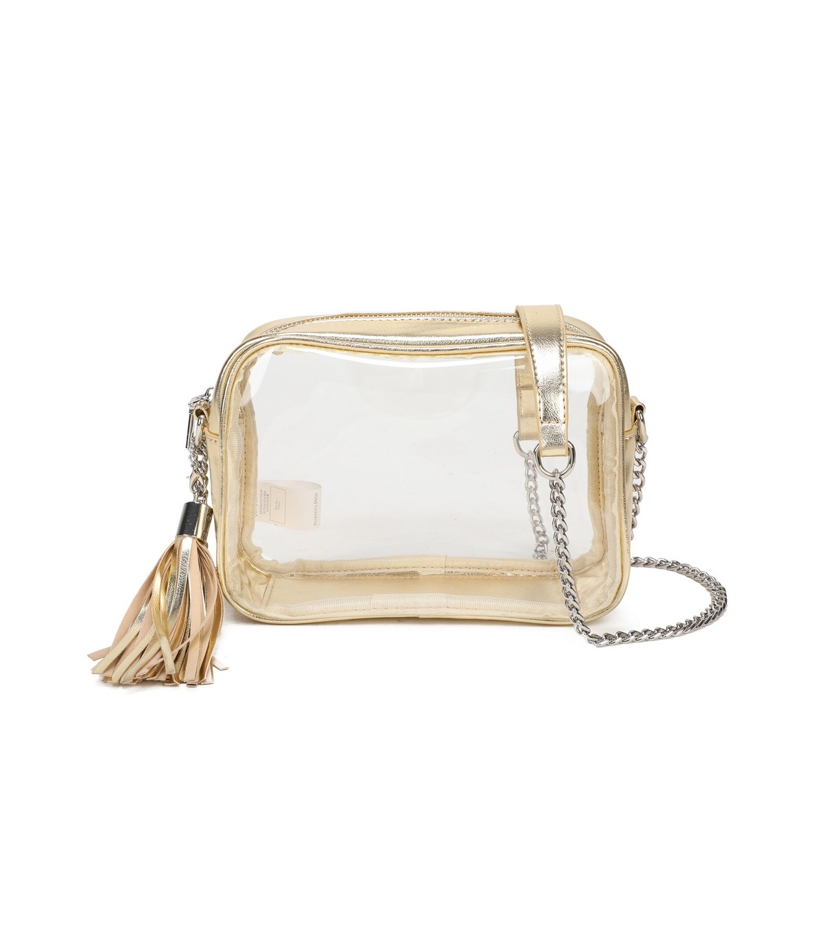 T11830 - Bolso transparente con borla de color y bandolera de cadena