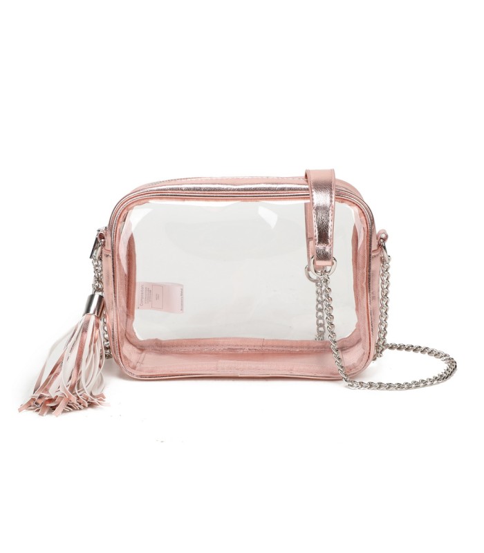 T11830 - Bolso transparente con borla de color y bandolera de cadena