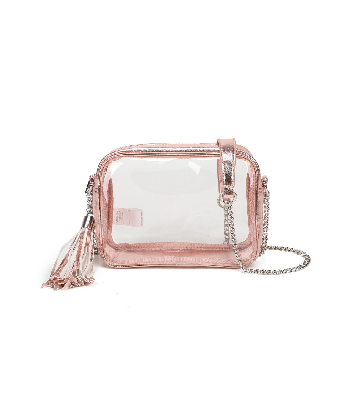T11830 - Bolso transparente con borla de color y bandolera de cadena