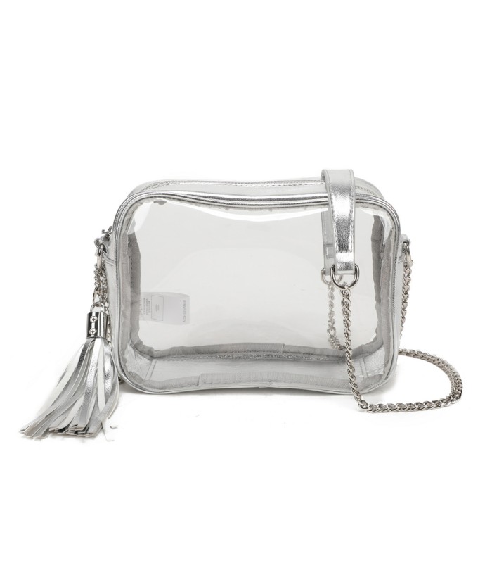 T11830 - Bolso transparente con borla de color y bandolera de cadena