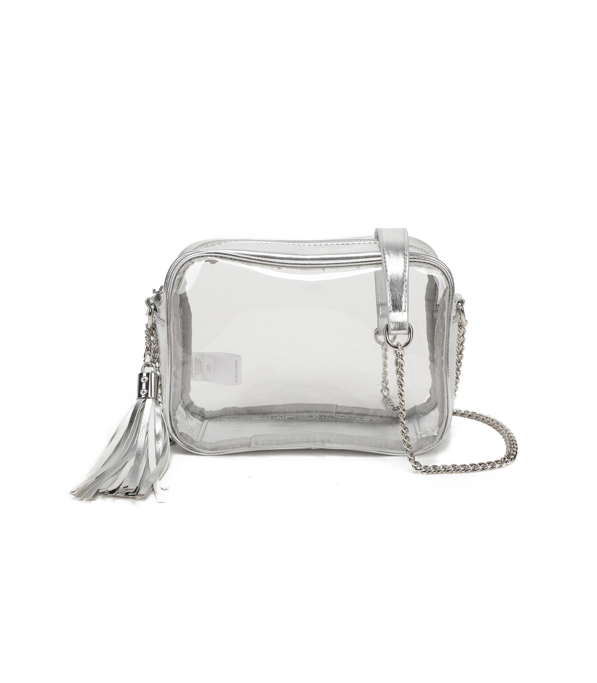 T11830 - Bolso transparente con borla de color y bandolera de cadena