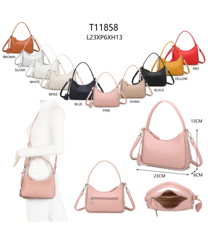 T11858 - Bolso bandolera de media luna de colores pastel asa grande y bolsillo externo trasero