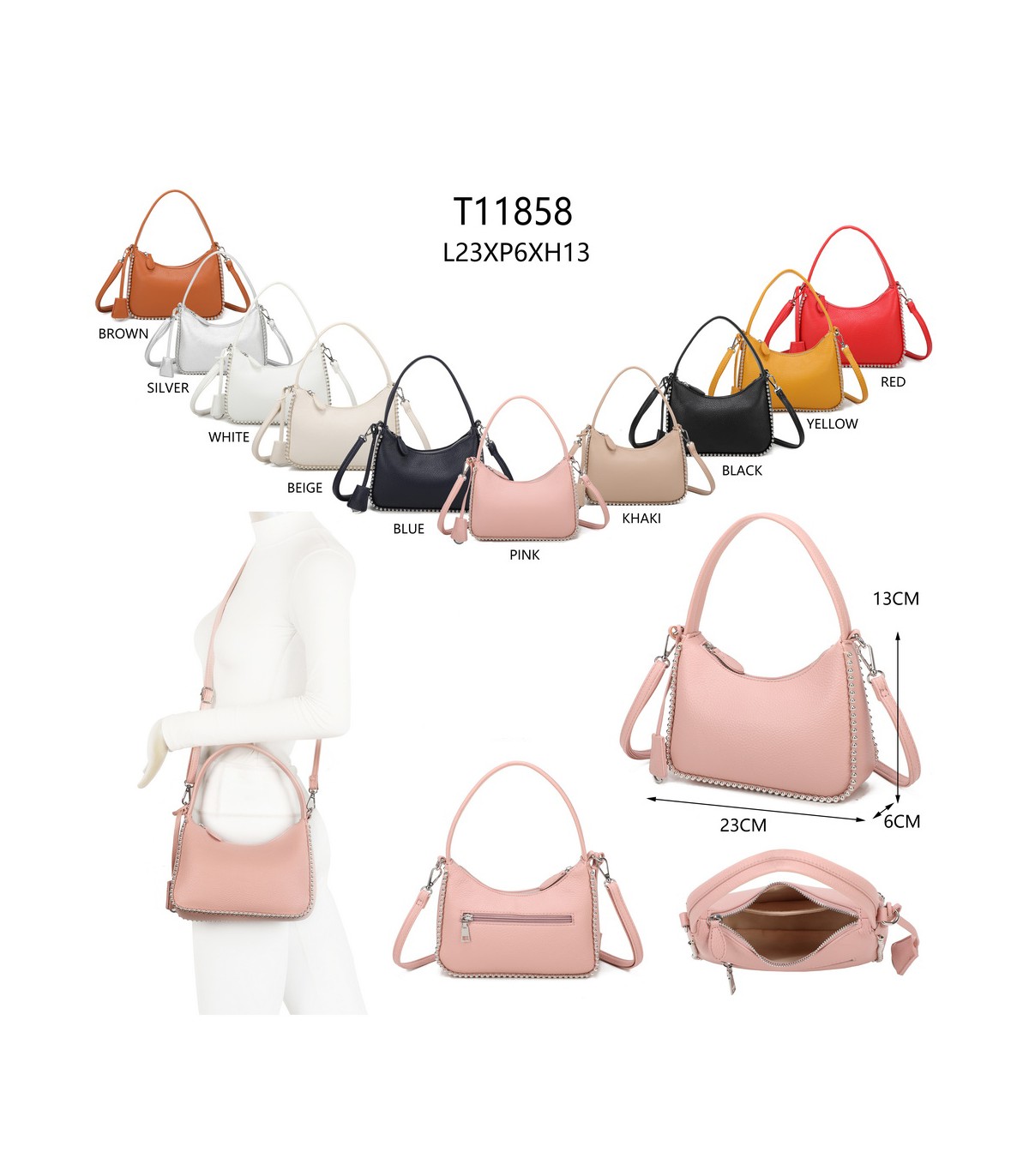 T11858 - Bolso bandolera de media luna de colores pastel asa grande y bolsillo externo trasero