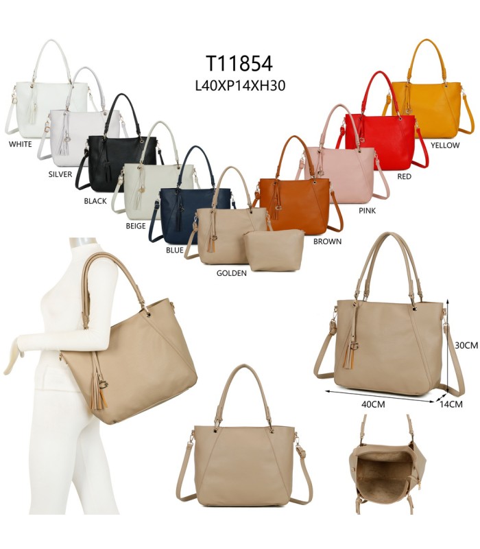 T11854 - Bolso con neceser y amplio espacio con borla de color a juego