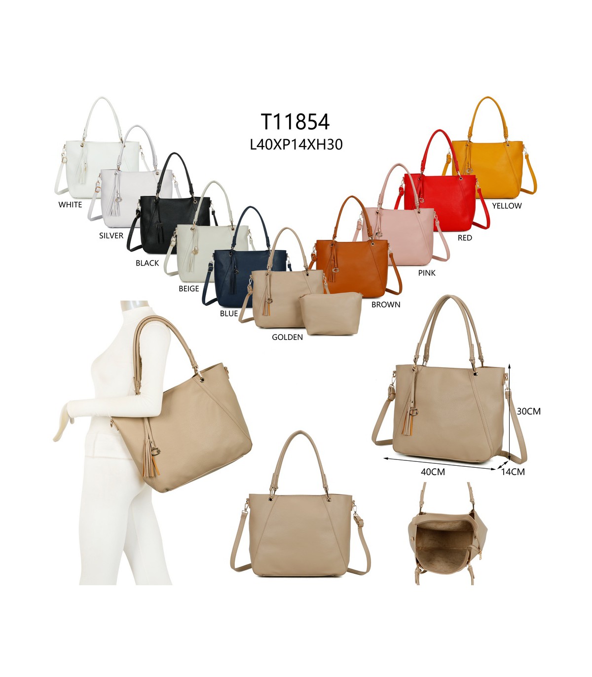 T11854 - Bolso con neceser y amplio espacio con borla de color a juego