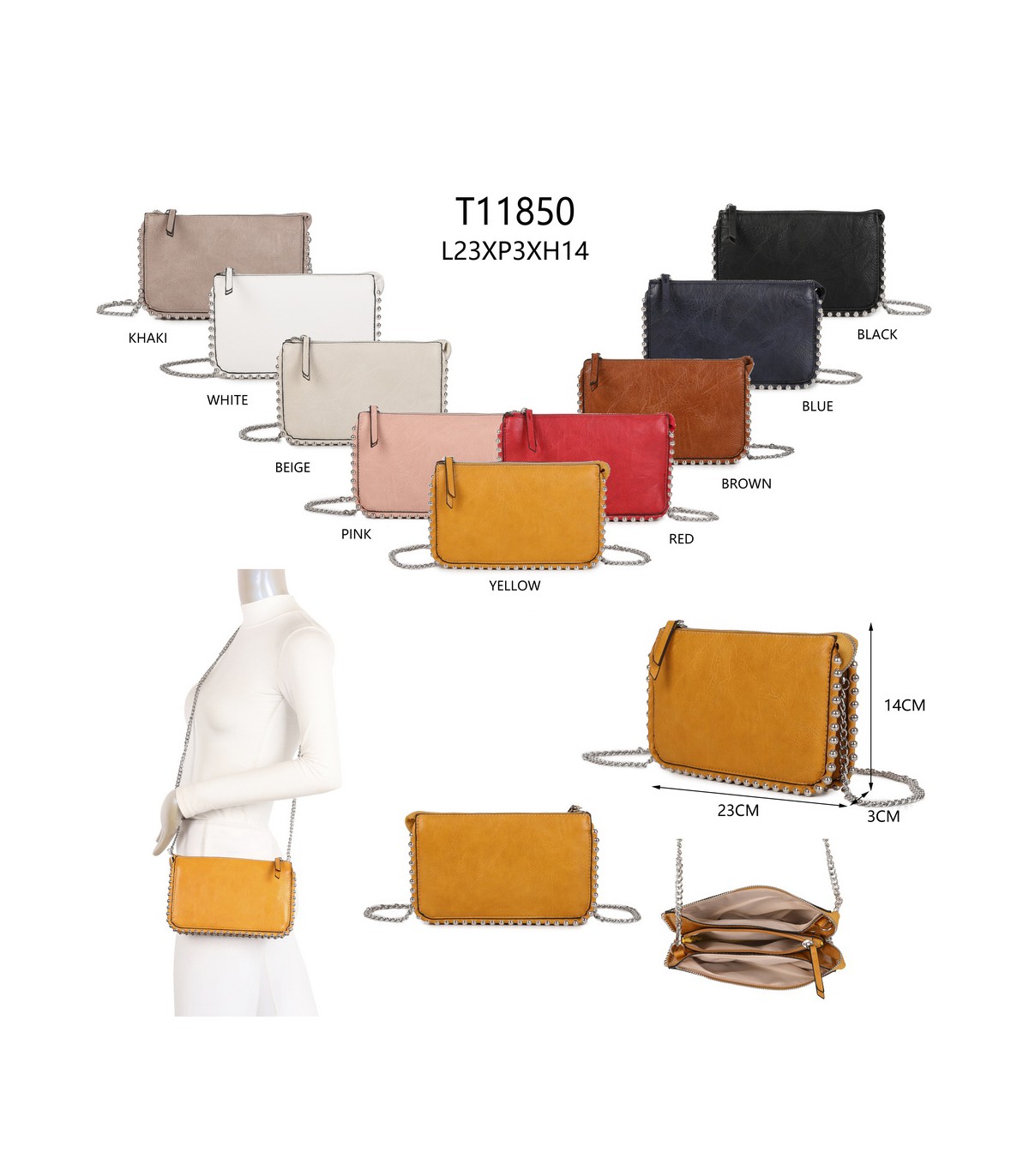 T11850 - Bolso rectangular con bandolera y cuentas de adorno y monedero interior