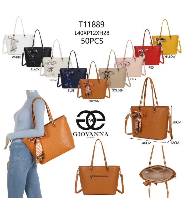T11889 - Bolso de hombro amplio con pañuelo y textura cuarteada