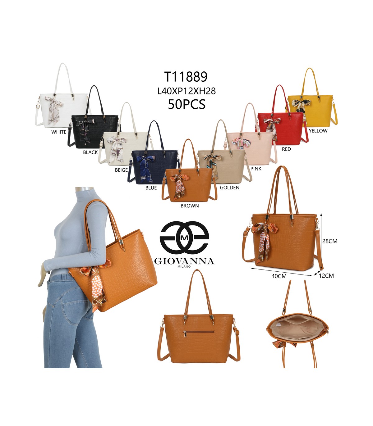 T11889 - Bolso de hombro amplio con pañuelo y textura cuarteada