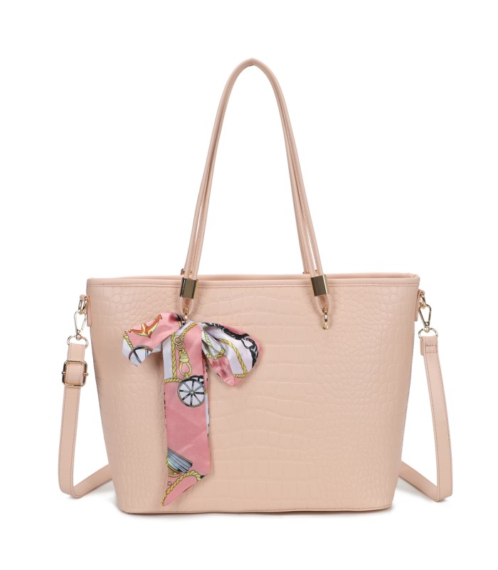 T11889 - Bolso de hombro amplio con pañuelo y textura cuarteada