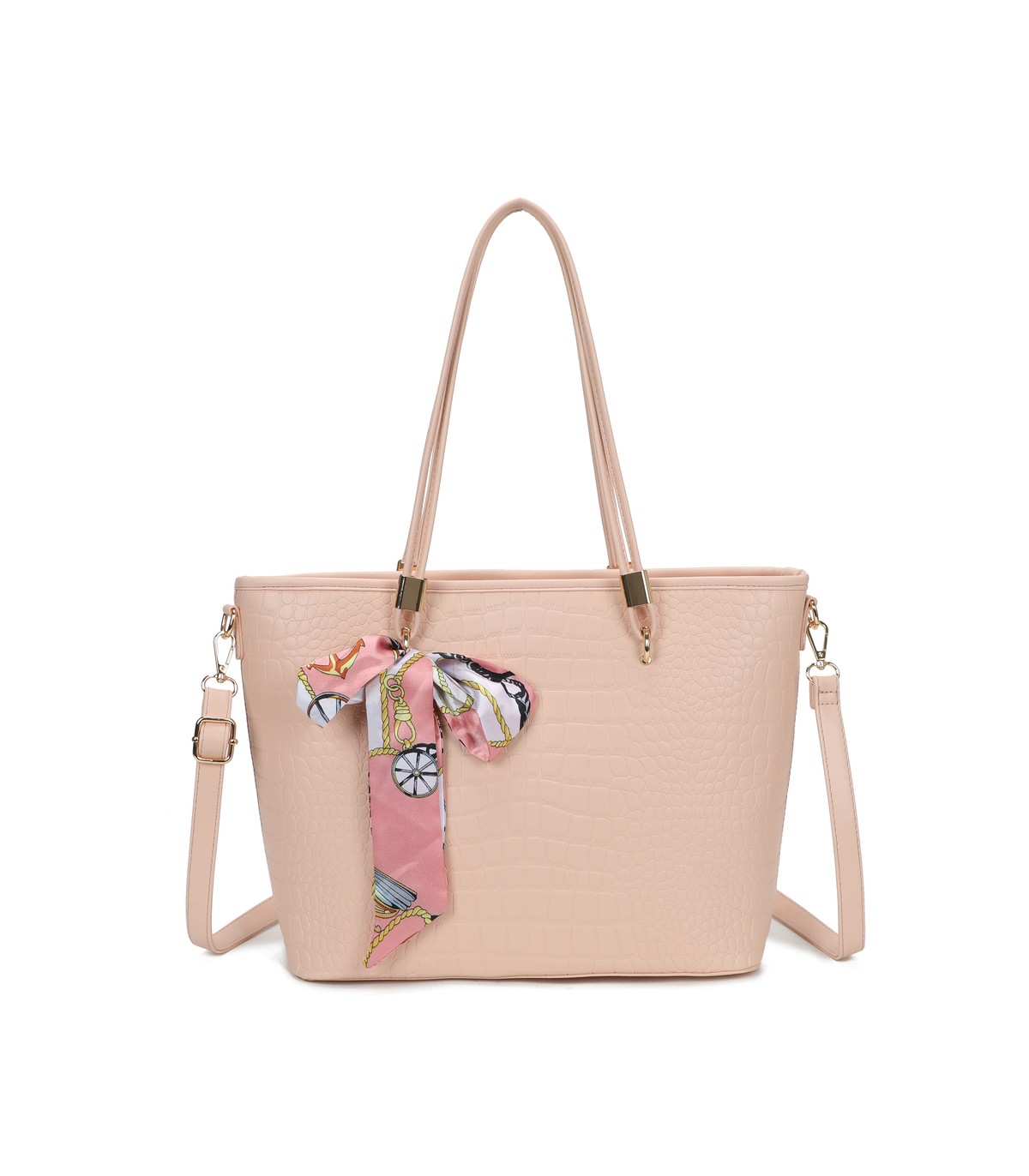 T11889 - Bolso de hombro amplio con pañuelo y textura cuarteada